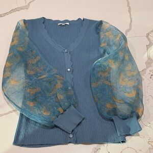 Sioni Blue Cardigan with Sheer Gold Accents